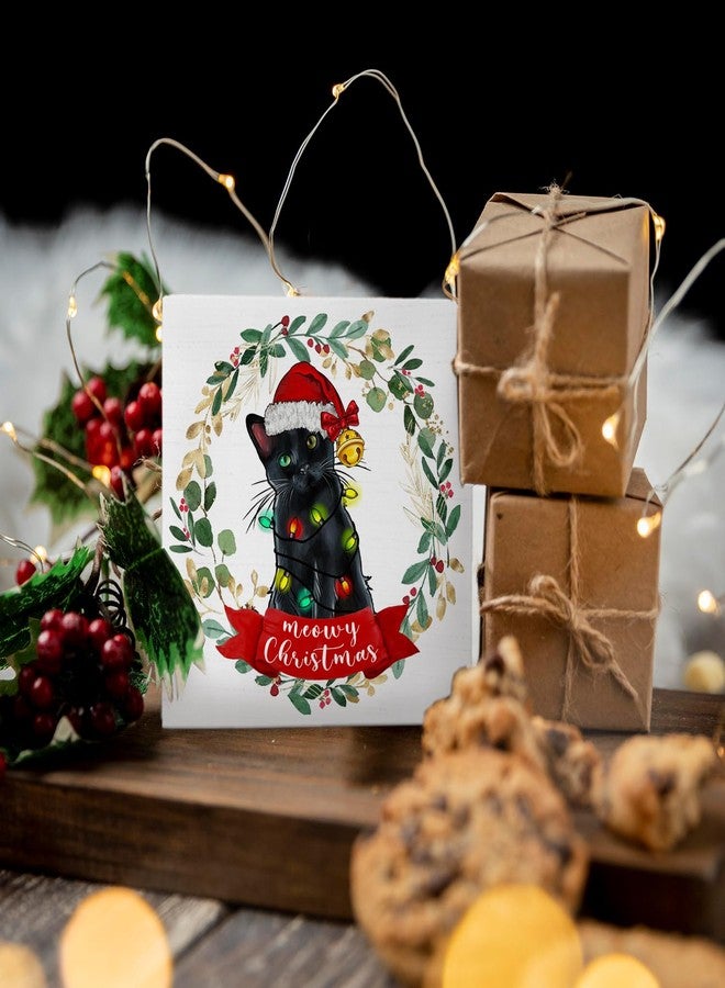 Nvotell Christmas Black Cat Signs - Merry Meowy Christmas Wooden Box Table Signs, Black Cat Christmas Gifts for Women Men Cat Lovers, Christmas Cat Decorations, 5x5 Inch - Image 5